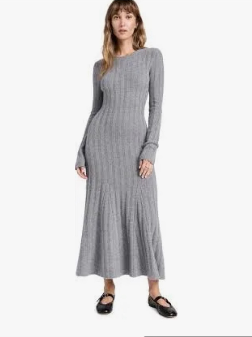 Reformation Gray Ribbed Long-Sleeve Maxi Dress